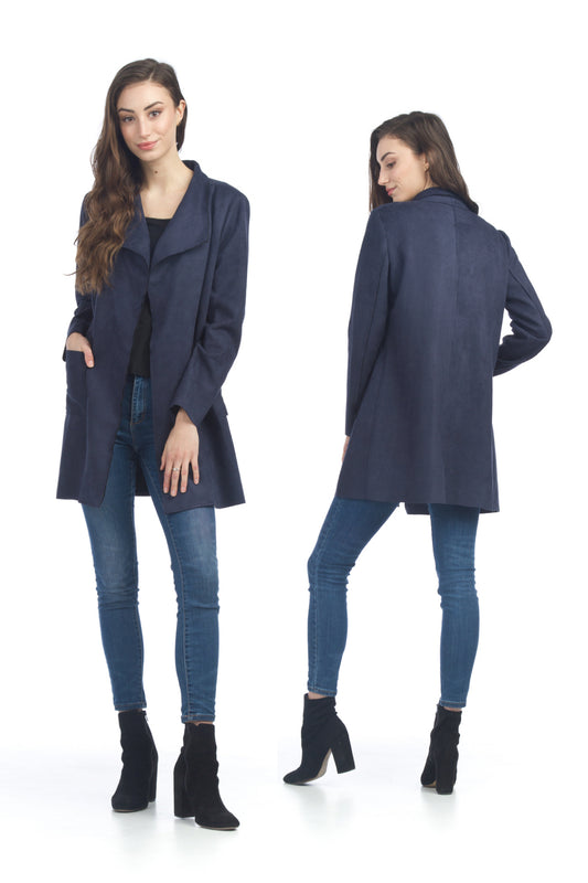 JT17734 NAVY Faux Suede Drape Jacket with Patch Pockets