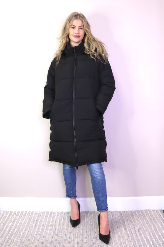 JT17736 BLACK Puffer Hooded Jacket with Side Button Details