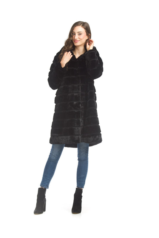 JT17737 BLACK Faux Fur Hooded Coat with Pockets