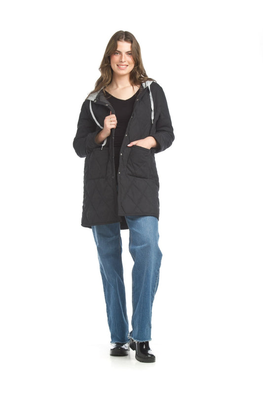 JT17746 BLACK Quilted Jacket with Contrast Hood