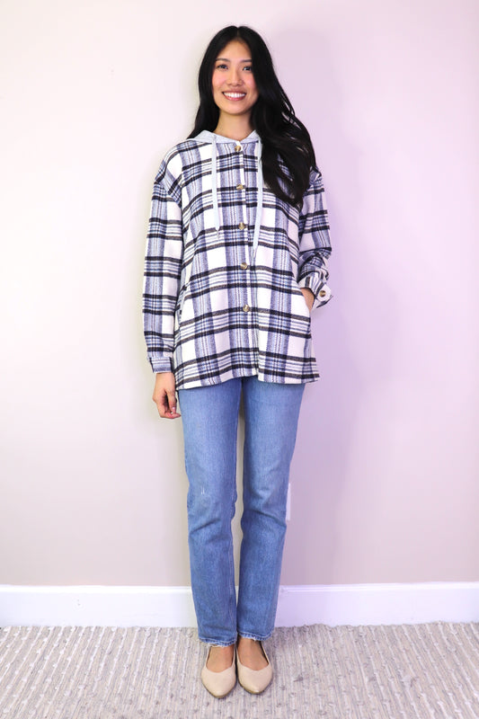 JT17748 BLUE Plaid Hooded Jacket with Pockets