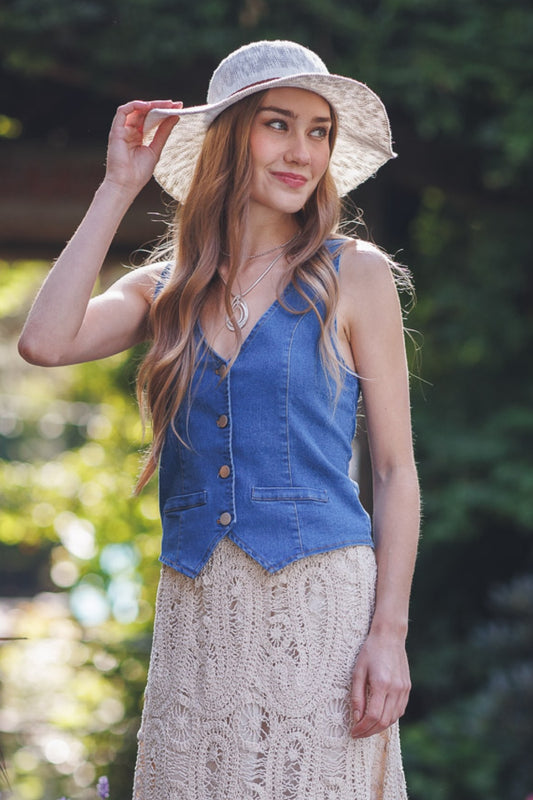 JT18754 DENIM Fitted Stretch Denim Vest