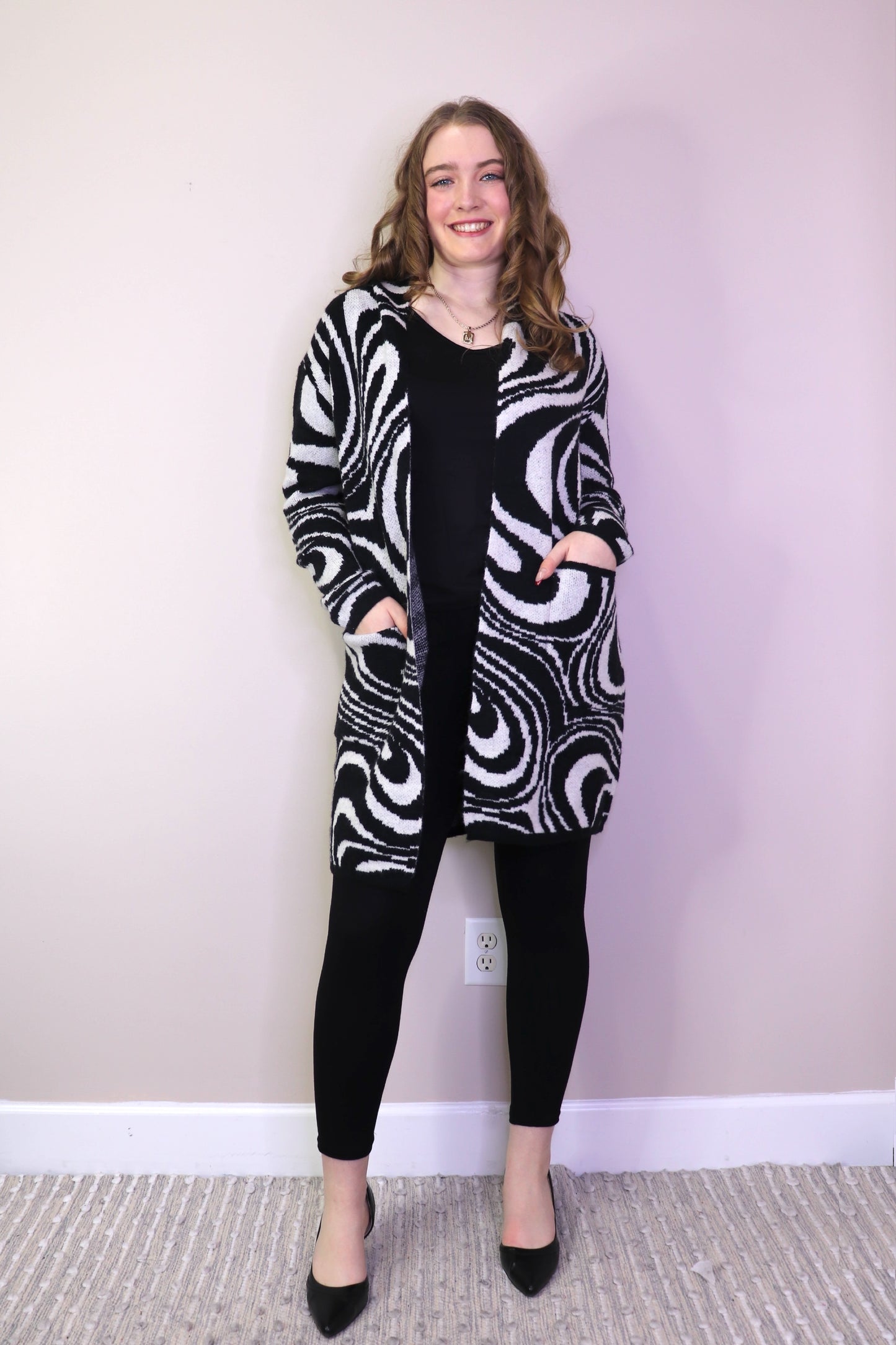 JT17704 BLKWH Zebra Print Knitted Jacket with Pockets