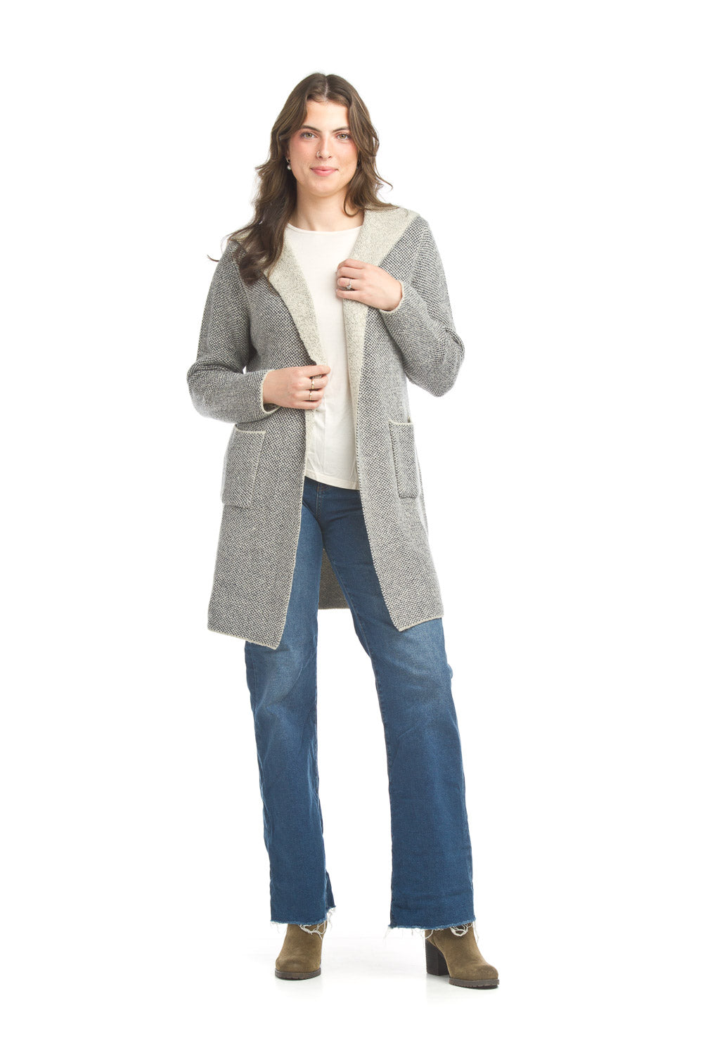 JT17710 BLUE Heathered Knitted Hooded Jacket with Pockets