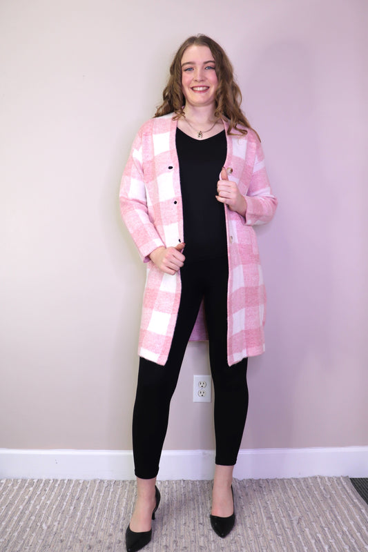 JT17714 PINK Heavy Knitted Plaid Jacket with Pockets