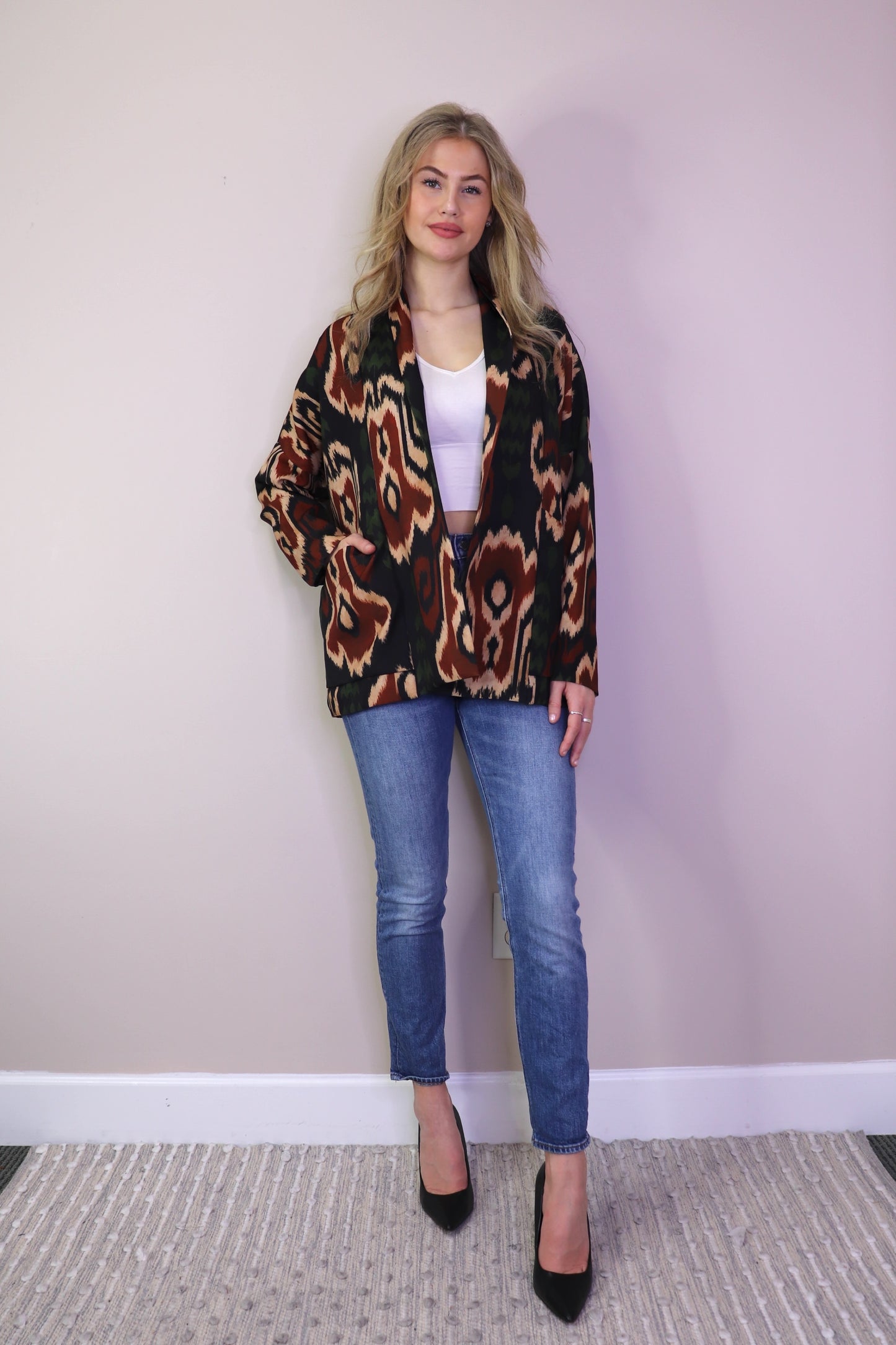 JT17715 BEIGE Ikat Print Jacket with Pockets