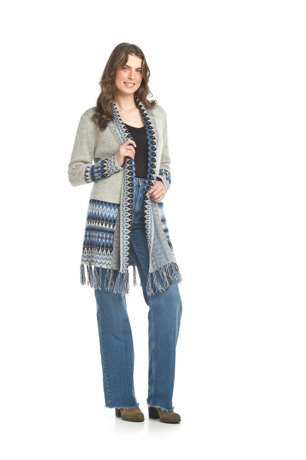 JT17728 BLUE Global knit cardigan with tassels