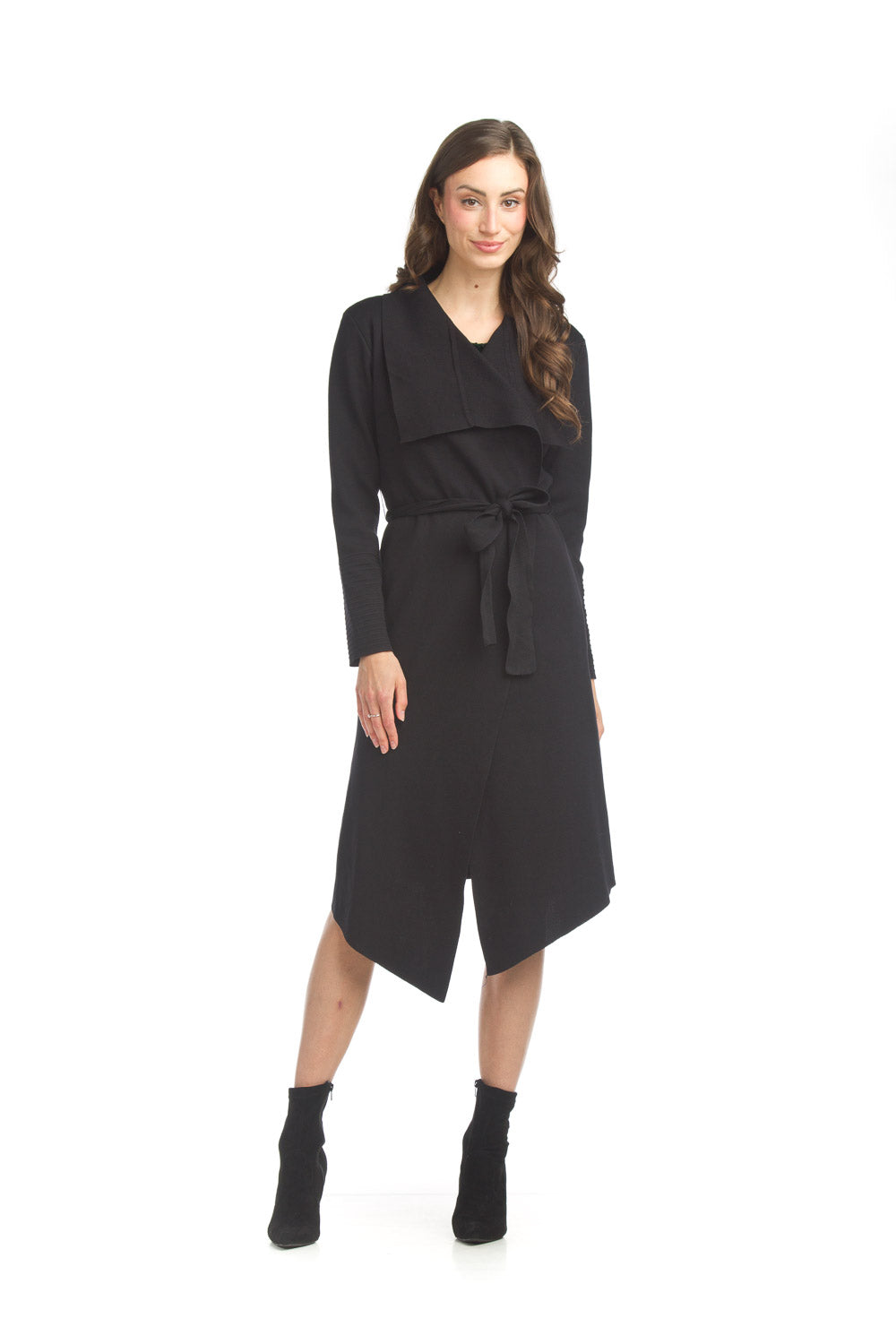 JT17731 BLACK Waterfall Drape Cardigan w Ribbing Dtl & Pockets