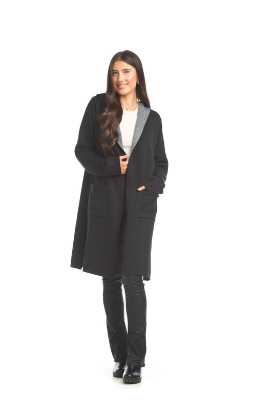 JT17735 BLACK Hooded Coatigan with Patch Pockets & Contrast Trim