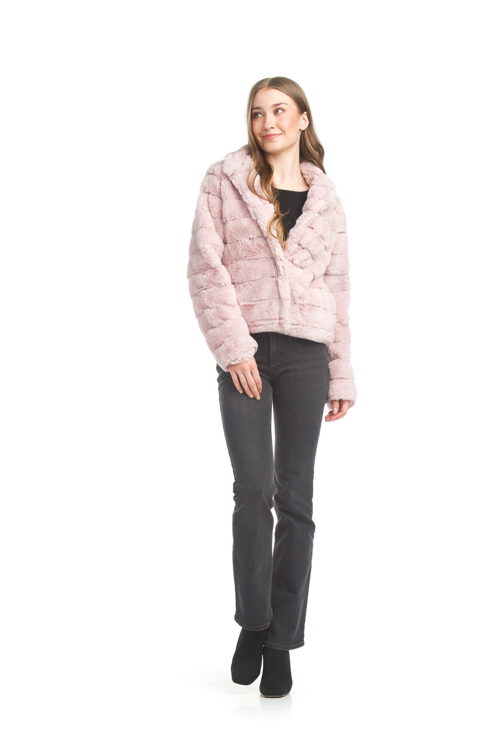 JT17738 PINK Cropped Faux Fur Collared Jacket with Pockets