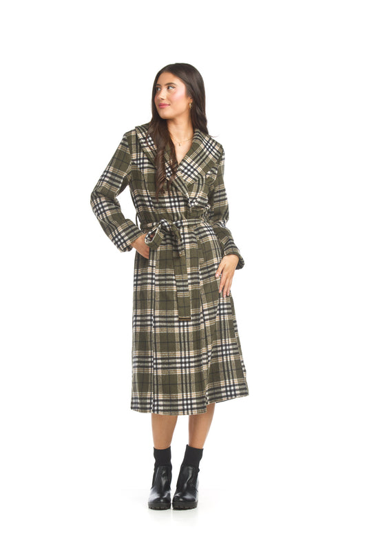 JT17740 OLIVE Plaid Belted Wrap Coat with Pockets