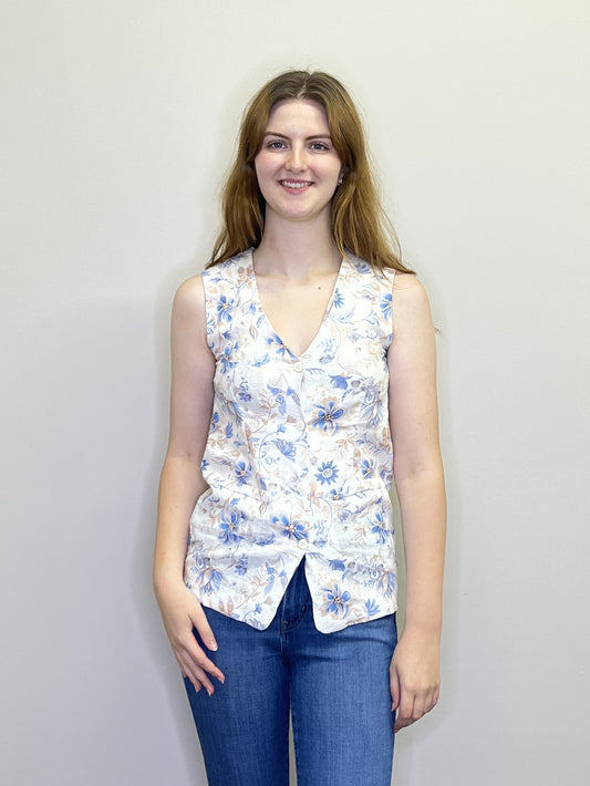 JT18756 BLUE Floral Linen Blend Vest