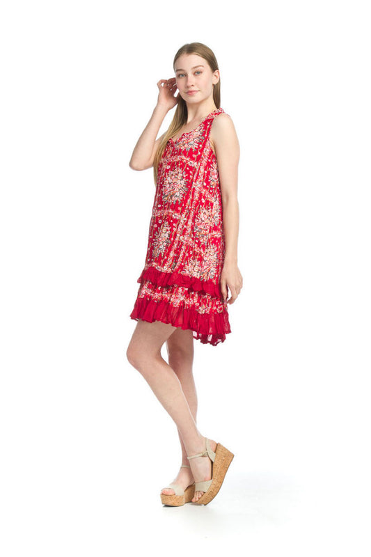 PD05507 RED floral Scarf Print Ruffle Dress