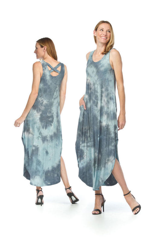 PD05735 BLUE Tie Dye Maxi with Cross Back and Pockets