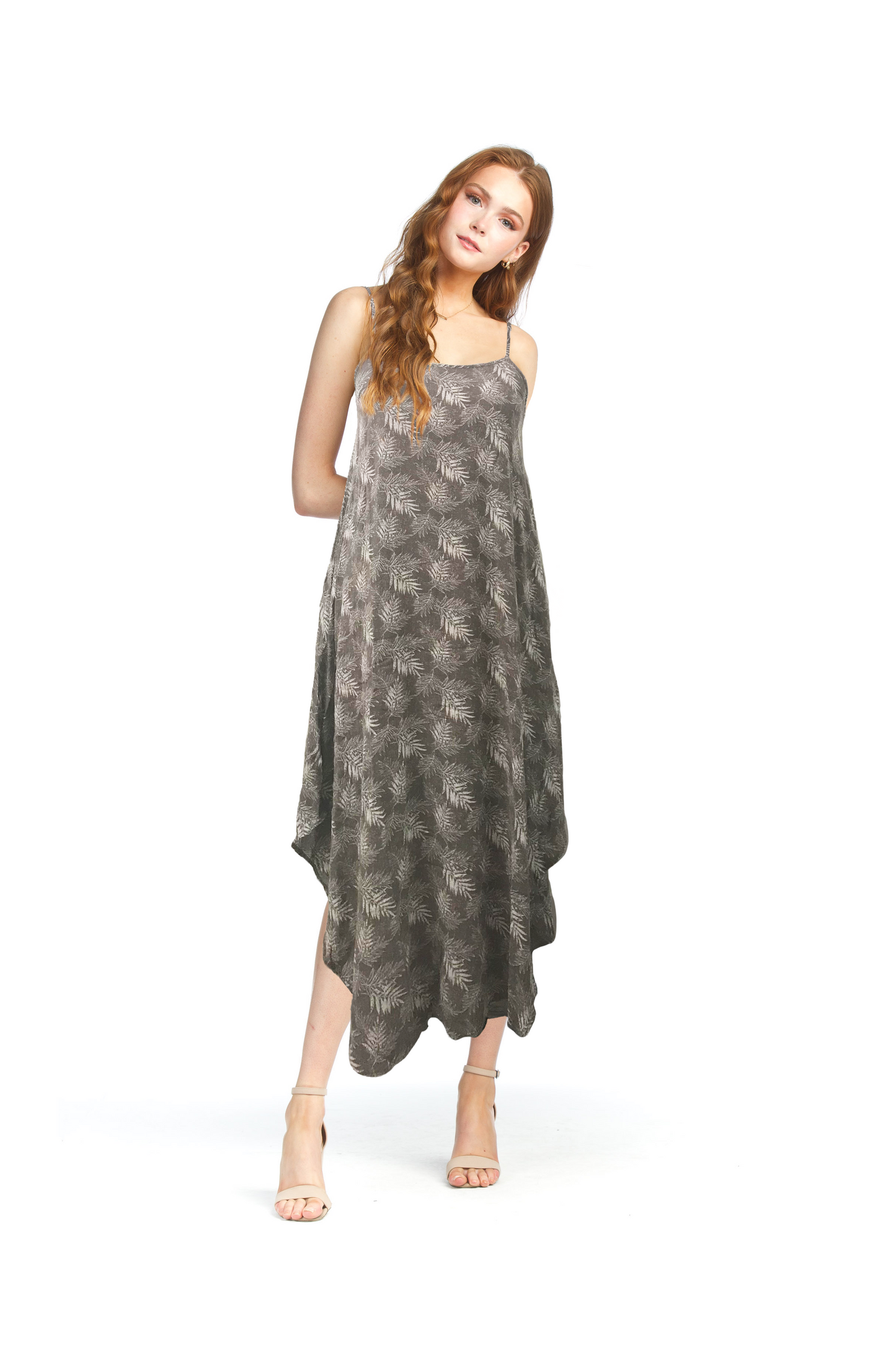 PD07536 GREY Fern Print Slip Midi Dress with Pockets