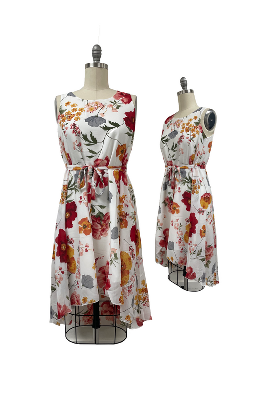 PD07556 WHITE Floral High Low Dress with Tie Belt