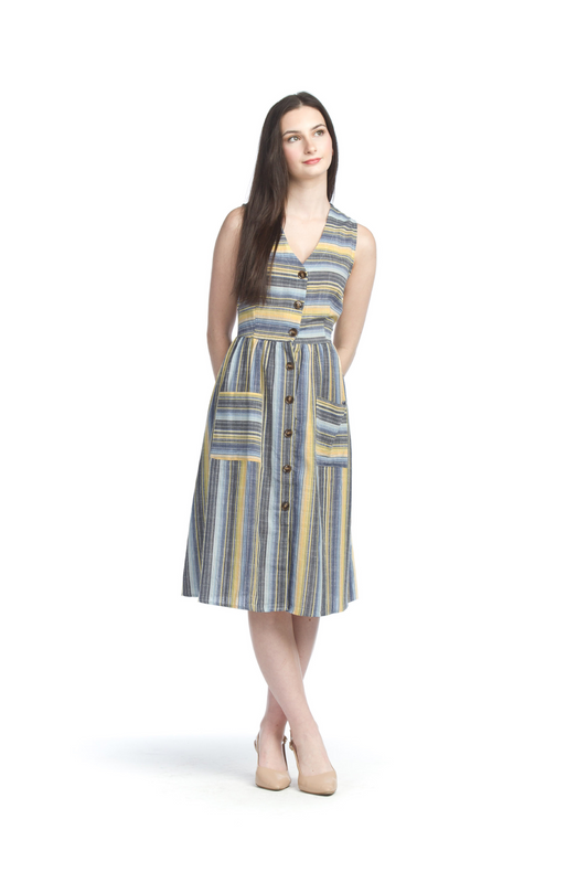 PD07558 YELLO Striped button Front Dress with Pockets