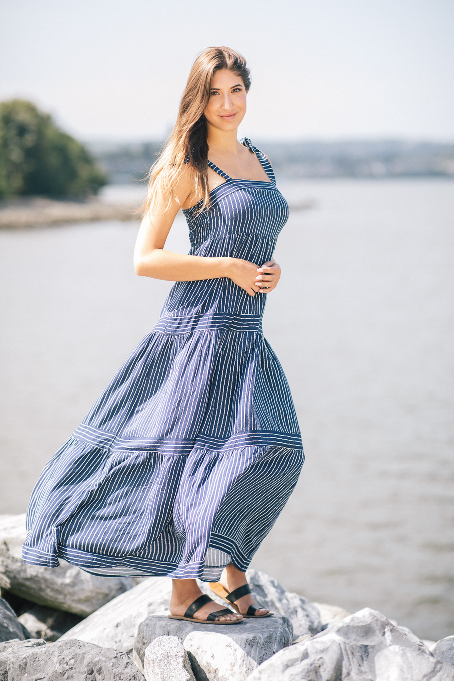 PD07576 NAVY Striped Tiered Maxi Dress with Smocked Back