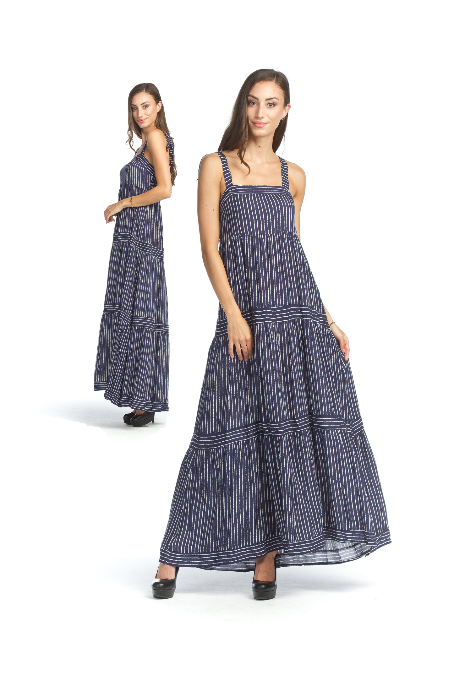 PD07576 NAVY Striped Tiered Maxi Dress with Smocked Back