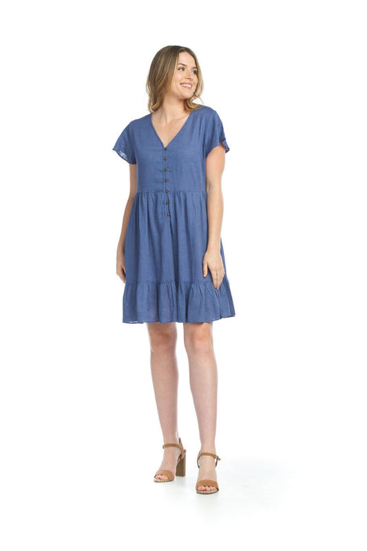 PD07589 BLUE Cotton Blend Short Sleeve Dress  w Ruffle Hem