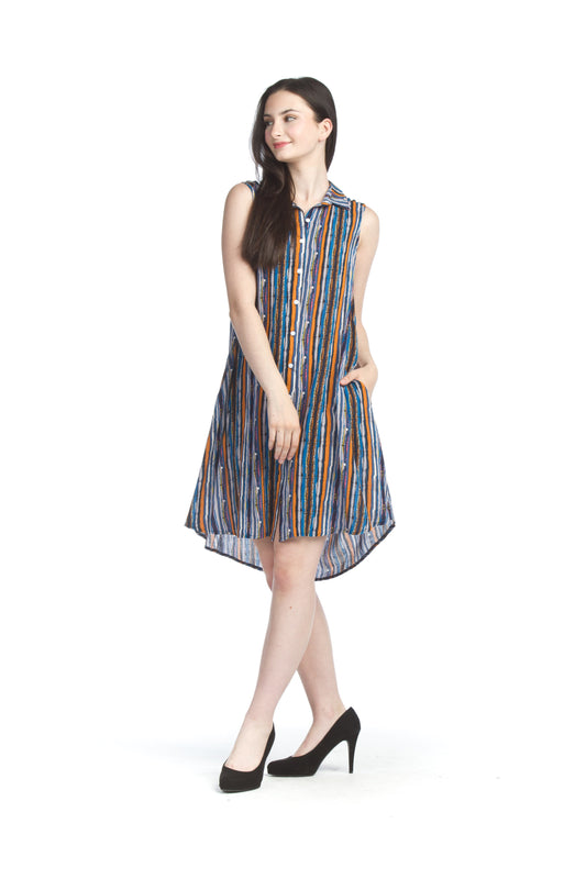 PD07602 MULTI Striped Button Front A-Line Dress w Pockets