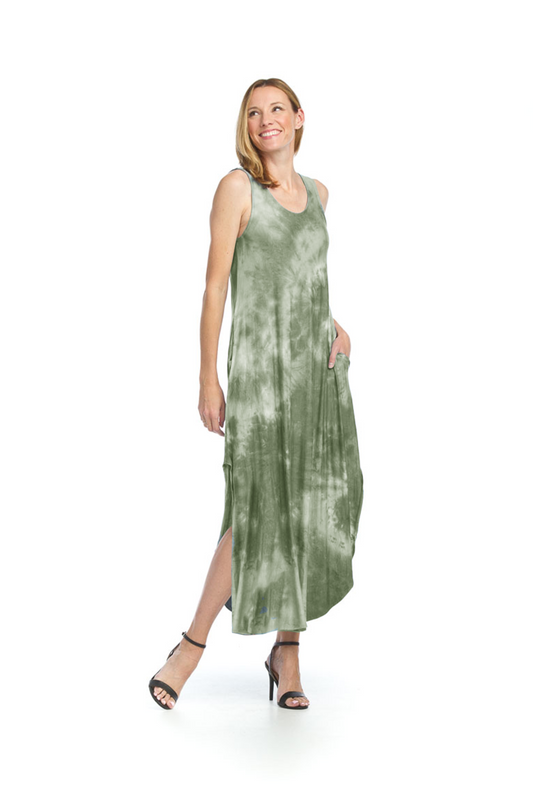 PD07655 OLIVE Rayon Jersey Tie Dye Maxi Dress with Side Slit