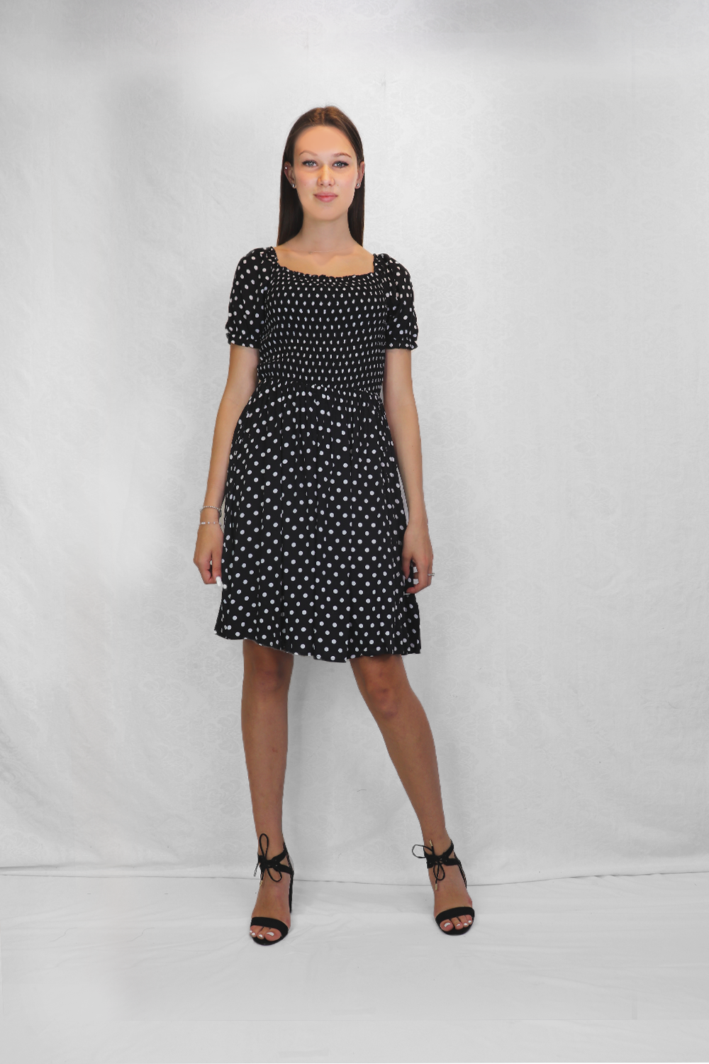 PD12512 BLKWH Polka Dot Smocked OTS Dress with Puff Sleeves