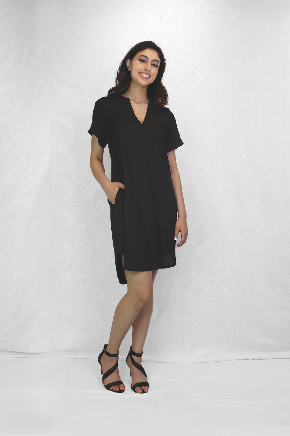 PD12519 BLACK T Shirt Dress with Front Pleat and Pockets