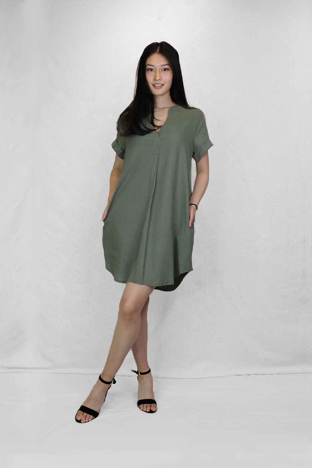 PD12519 KHAKI T Shirt Dress with Front Pleat and Pockets