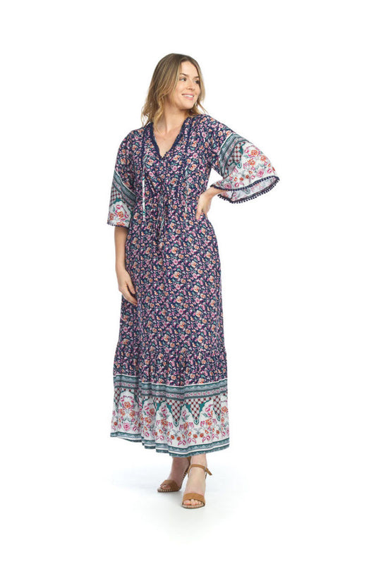 PD12525 BLUE Floral Border Print Maxi Dress with Pockets