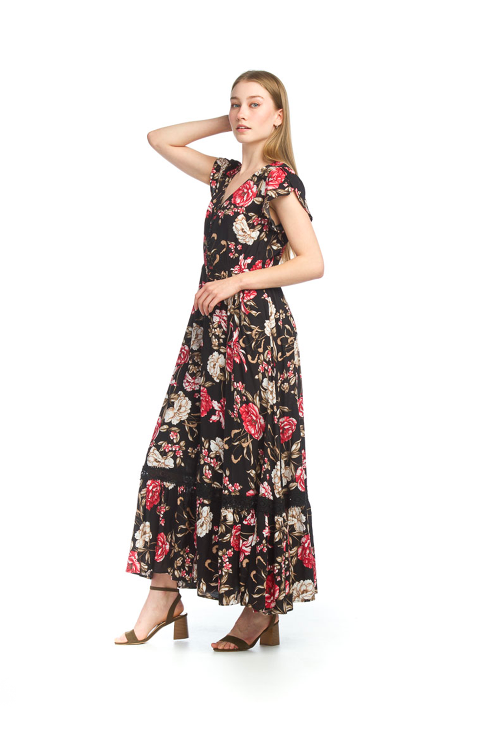 PD12538 BLACK Floral Short Sleeve Button Front Maxi Dress