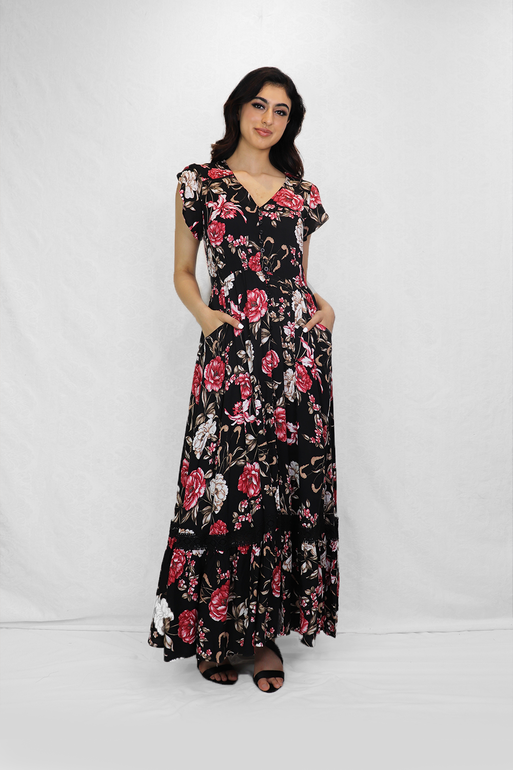 PD12538 BLACK Floral Short Sleeve Button Front Maxi Dress