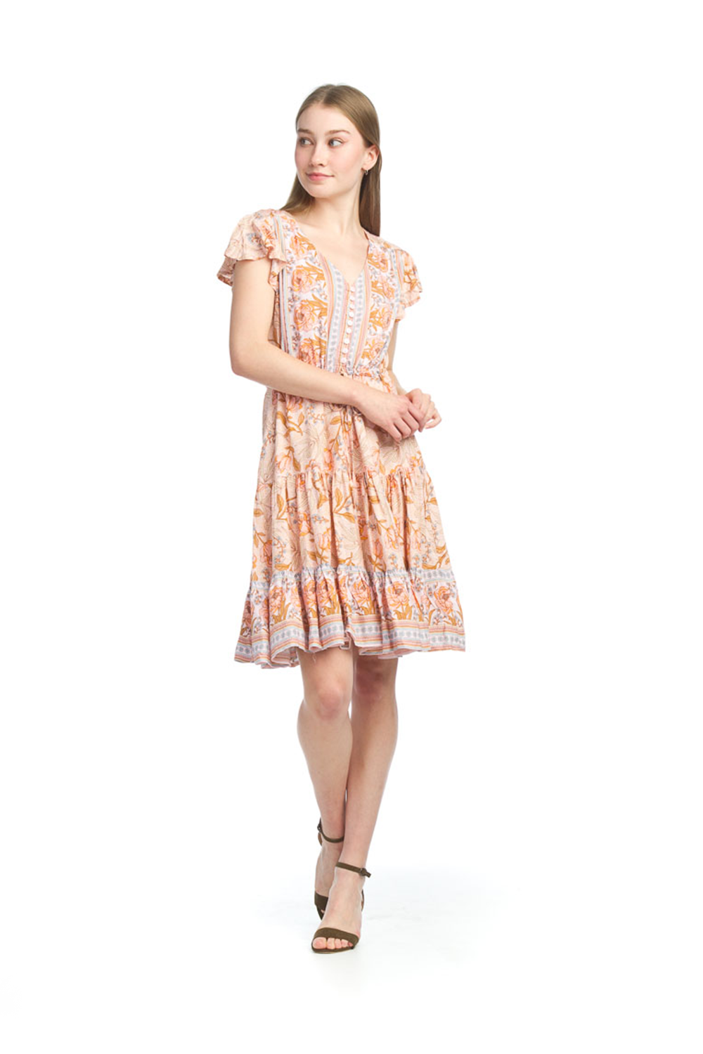 PD12553 PEACH Boho ShortSleeve Dress w Lace Inset & Pockets