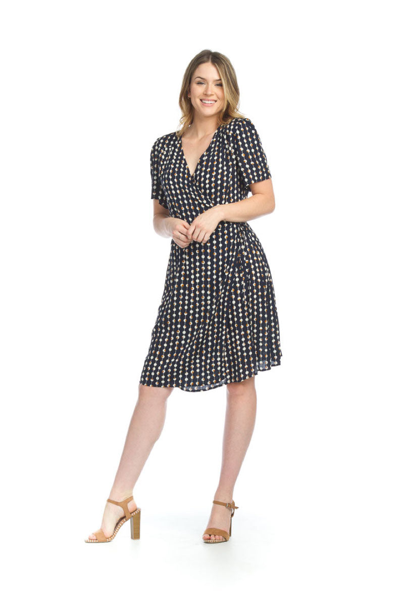 PD12567 NAVY Retro Print Wrap Dress