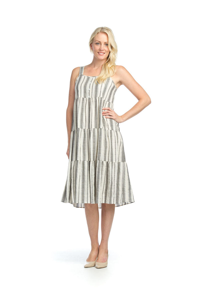 PD12617 CREAM Natural Geo Striped Tiered Midi Dress