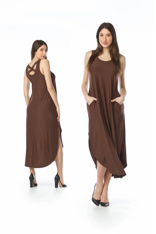 PD12663 BROWN Soft Stretchy Maxi Dress with Pockets
