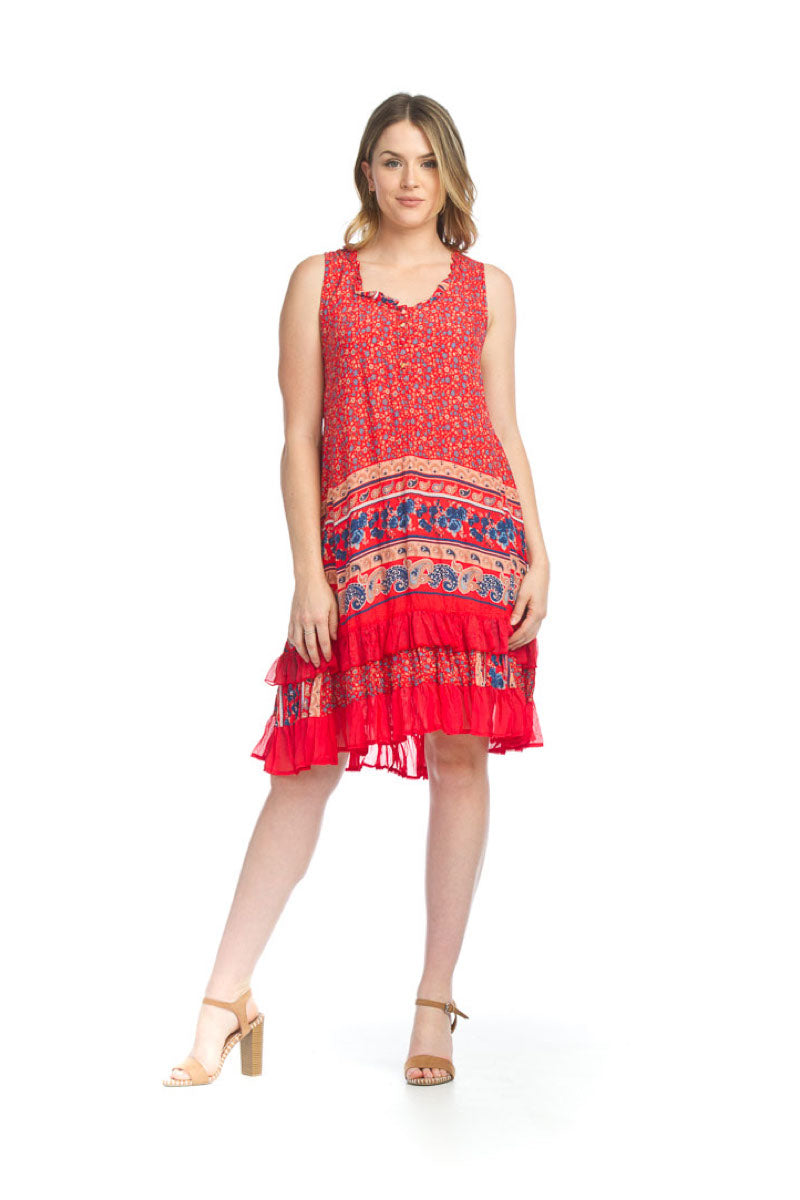 PD12670 RED Border Print Ruffle Dress