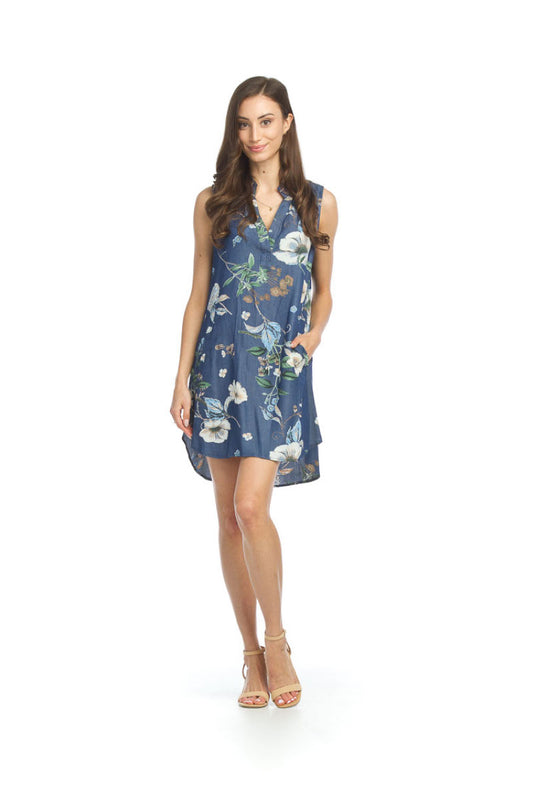 PD12694 DBLUE Floral Print Collared Tencel Dress