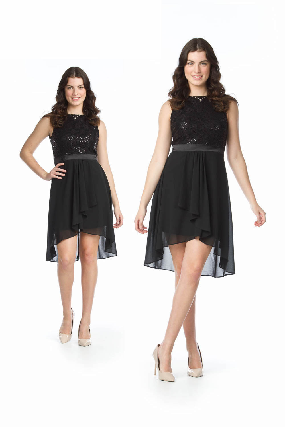 PD13504 BLACK SewinLace Dress with Drape Georgette Hem