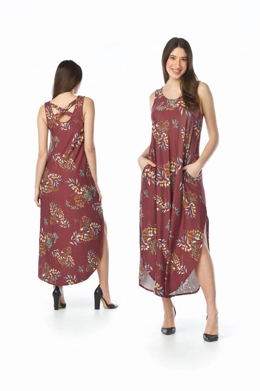 PD14513 BERRY Print Maxi Dress with Cross Back & Pockets