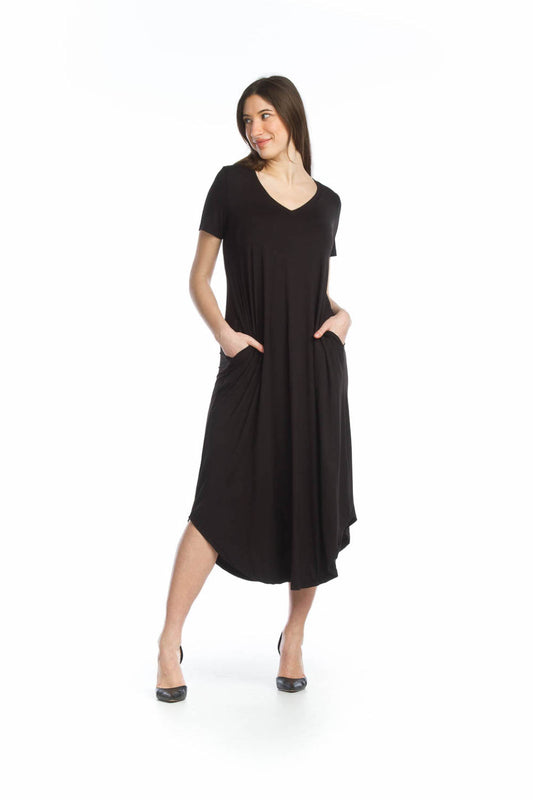 PD14515 BLACK Soft Stretchy Short Sleeve Maxi Dress with Pockets