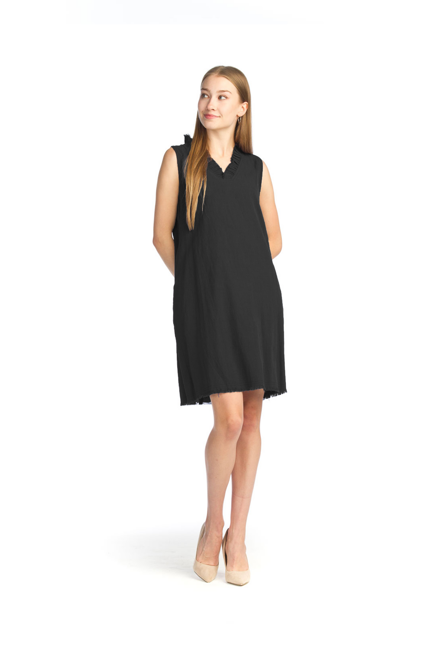 PD14579 BLACK Sleeveless Tencel Dress with Raw Edge