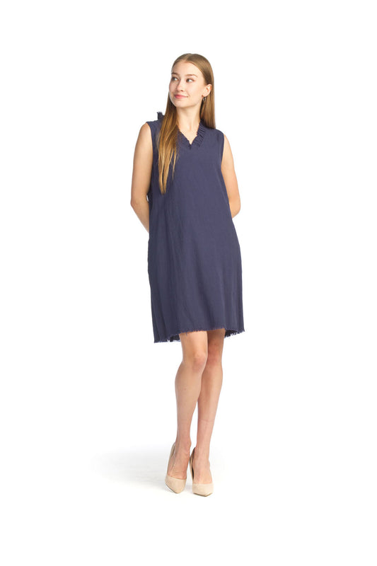 PD14579 NAVY Sleeveless Tencel Dress with Raw Edge