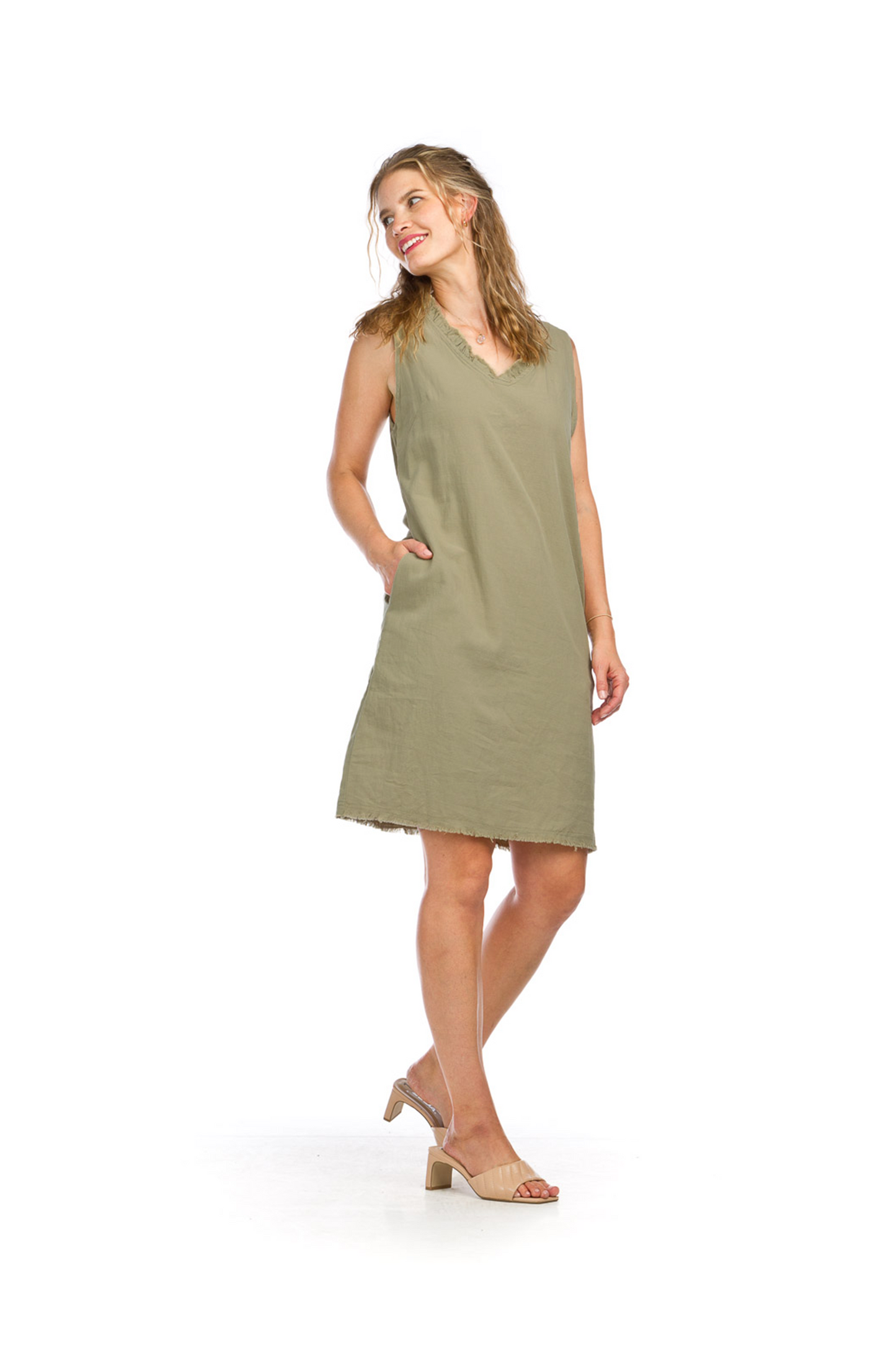 PD14579 SAGE Sleeveless Tencel Dress with Raw Edge