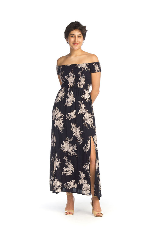 PD14585 NAVY Floral OTS Maxi with Front Splits & Pockets