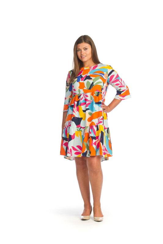 PD14586 MULTI Abstract Tiered Dress with Ruffle Sleeves