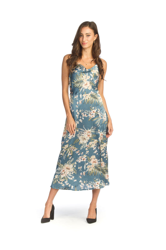 PD14593 BLUE Floral Crepe Drape Neck Dress