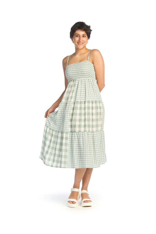 PD14598 GREEN Patchwork Gingham Tiered Smocked Dress