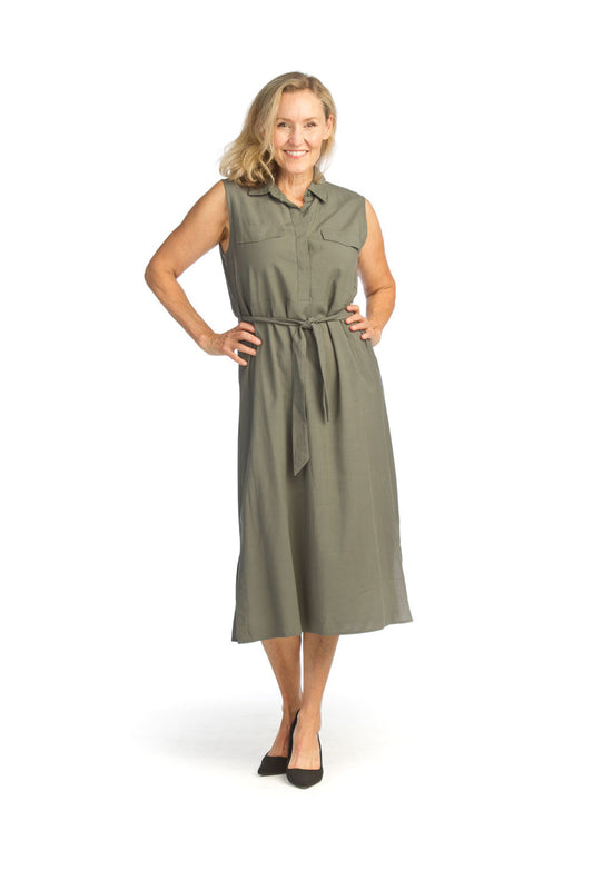 PD14693 KHAKI Utility Look Collared Dress with Tie Belt