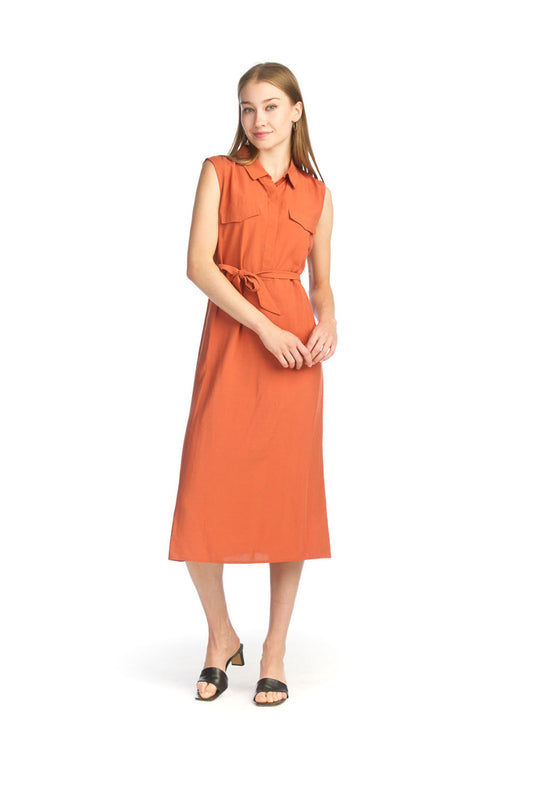 PD14693 RUST Utility Look Collared Dress with Tie Belt